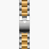 tudor black bay chrono s&g 41mm black dial gold and steel on gold and steel bracelet automatic chronograph watch showing folding clasp