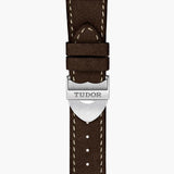 tudor black bay chrono 41mm champagne dial steel on leather strap automatic watch showing brown leather strap with folding clasp
