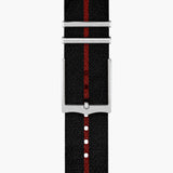 tudor black bay gmt 41mm black dial automatic steel on fabric strap watch showing tang buckle