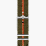 tudor ranger 39mm black dial steel on fabric strap automatic watch showings its green fabric strap with tang buckle