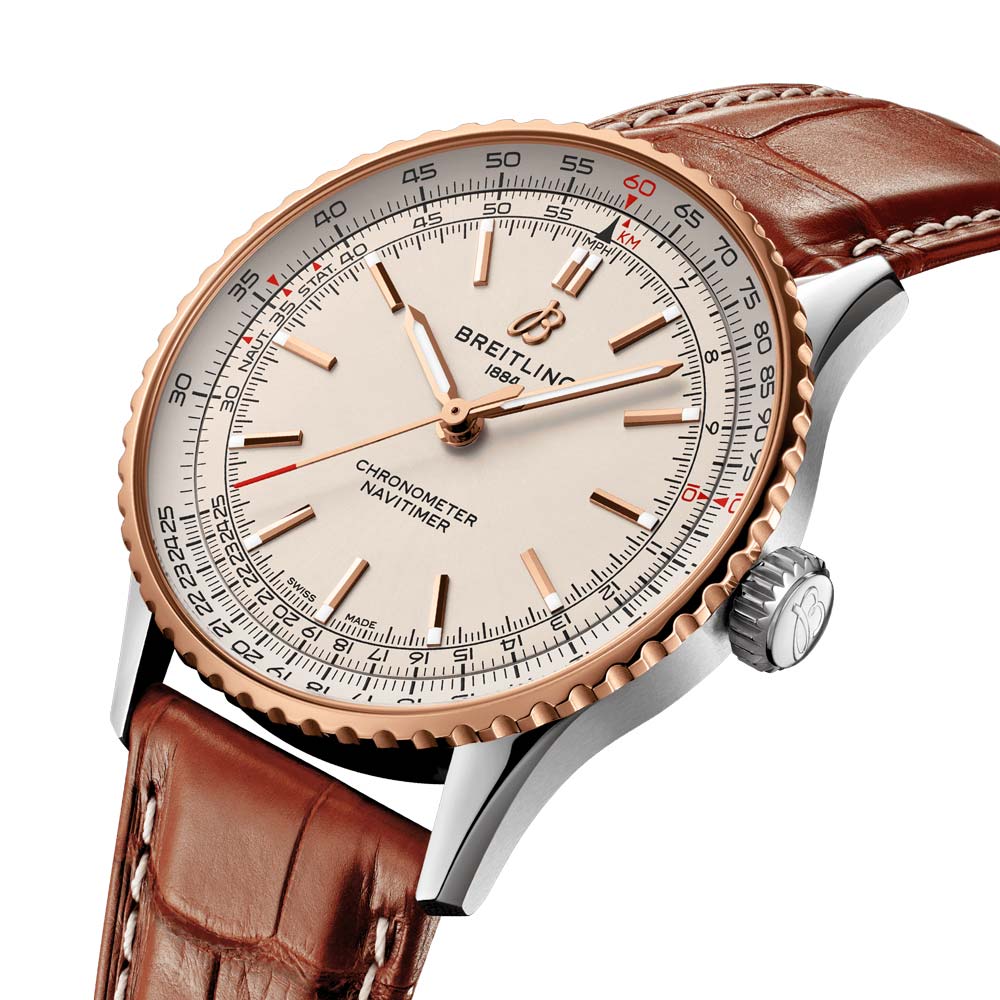 breitling navitimer 41mm cream dial rose gold bezel and steel on leather strap automatic gents watch front side facing upright image