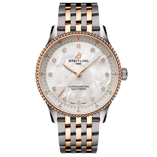breitling navitimer 32mm mother of pearl diamond ot dial 18cr rose gold and steel bi-colour quartz ladies watch front facing upright image