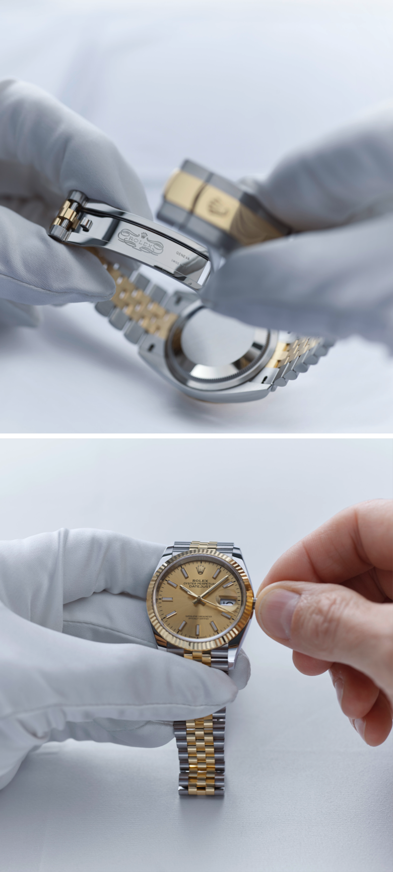 Two images; top shows a Rolex expert’s gloved hands holding the clasp of a bicolour Rolex watch with the engraved Rolex logo; bottom shows the expert adjusting the time on the same watch