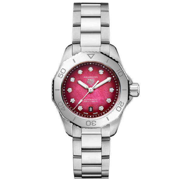 tag heuer aquaracer professional 200 date 30mm pink mother of pearl diamond dot dial stainless steel automatic ladies watch front facing upright image