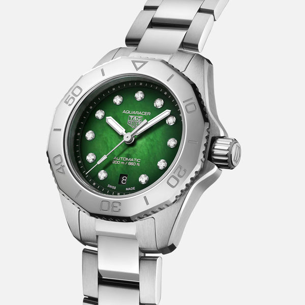 tag heuer aquaracer professional 200 30mm green mother of pearl diamond dot dial stainless steel automatic ladies watch front side facing image