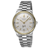 gucci g-timeless 40mm silver dial bicolour gents automatic watch on stainless steel bracelet front facing upright image