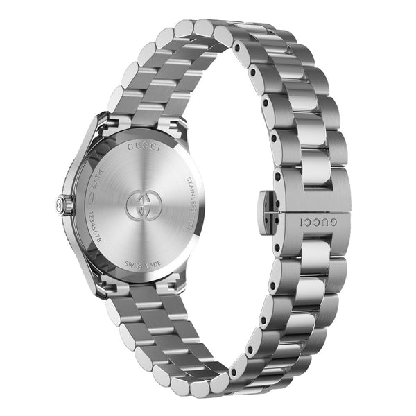 gucci g-timeless 29mm silver dial bicolour ladies quartz watch on stainless steel bracelet caseback facing upright image