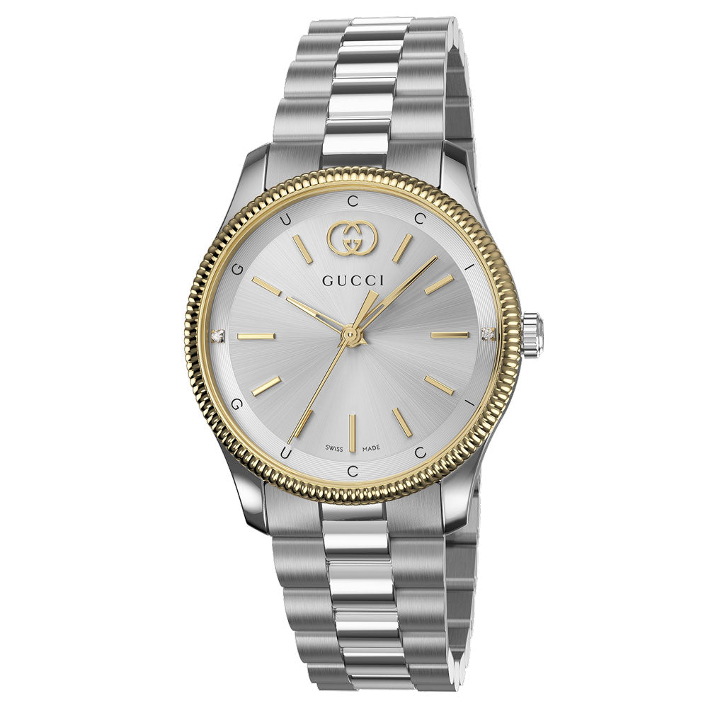 Gucci G-Timeless 29mm Silver Dial Gold Plated & Steel Ladies Quartz Watch YA1265063