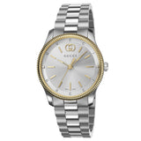 gucci g-timeless 29mm silver dial bicolour ladies quartz watch on stainless steel bracelet front facing upright image