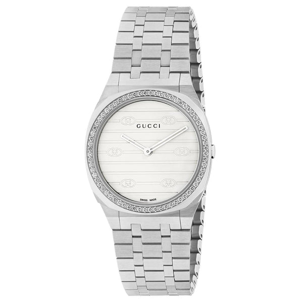 gucci 25h 30mm white brass dial stainless steel diamond ladies watch
