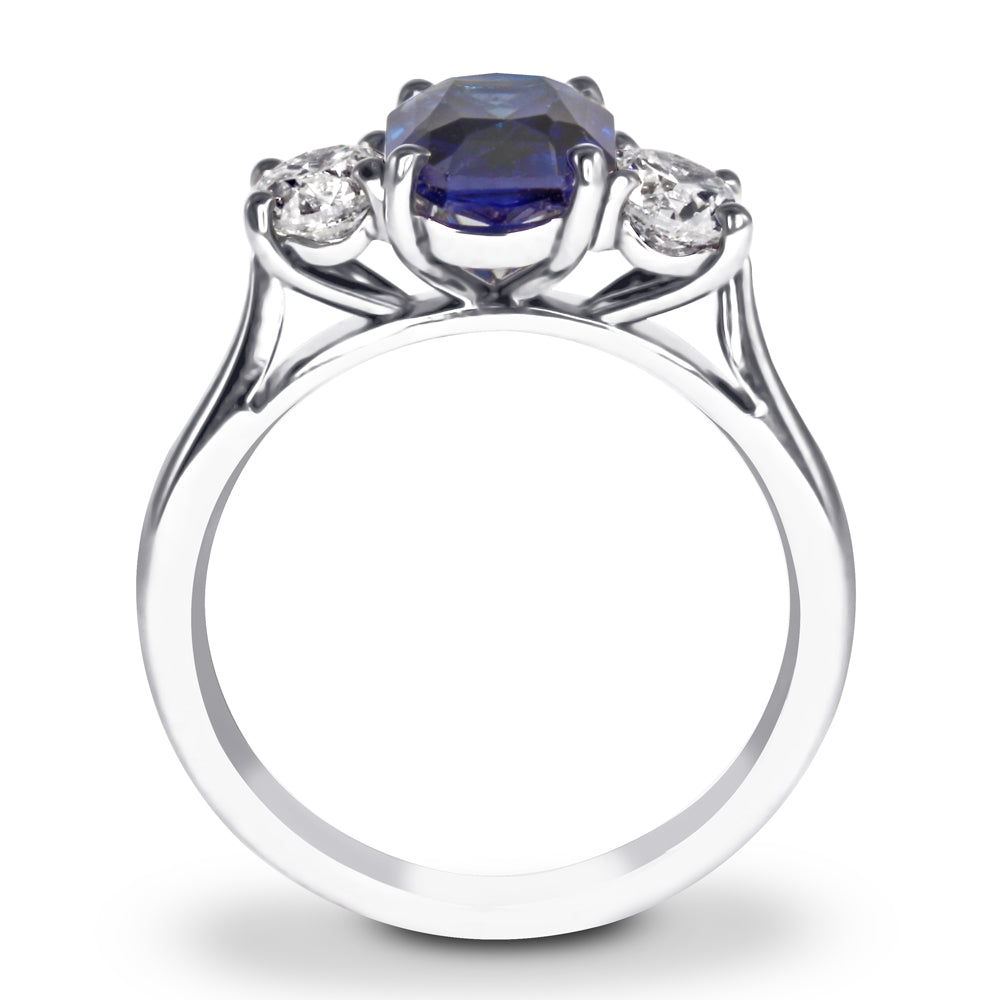 Platinum 1.96ct Radiant Cut Sapphire and 0.81ct Diamond Three Stone Engagement Ring