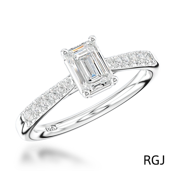 the skye classic platinum emerald cut diamond solitaire engagement ring with diamond set shoulders