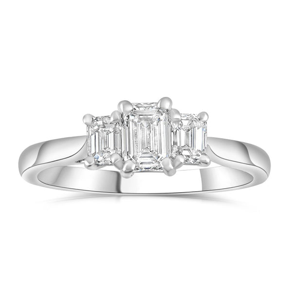 platinum 1.80ct emerald cut diamond three stone engagement ring top view