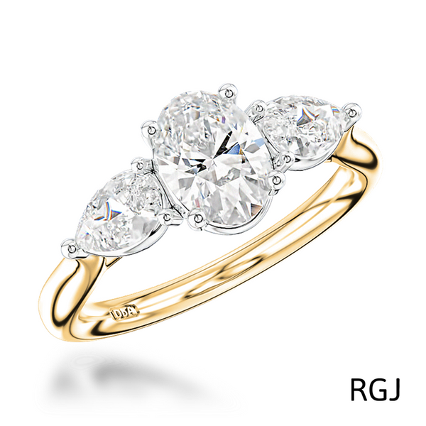 The Florentine 18ct Yellow Gold And Platinum Oval And Pear Cut Diamond Three Stone Engagement Ring