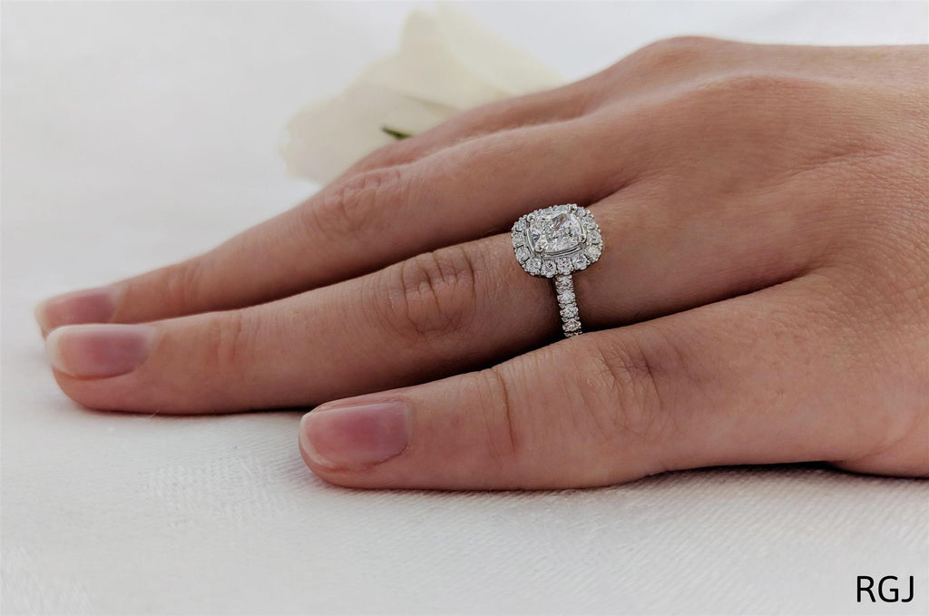 The Skye Platinum Cushion Cut Diamond Engagement Ring With Diamond Halo And Diamond Set Shoulders
