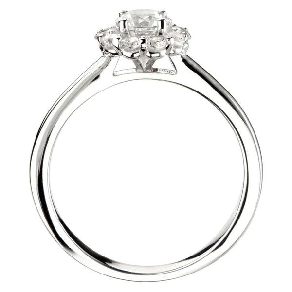 platinum 0.57ct round brilliant cut diamond engagement ring with diamond halo side view
