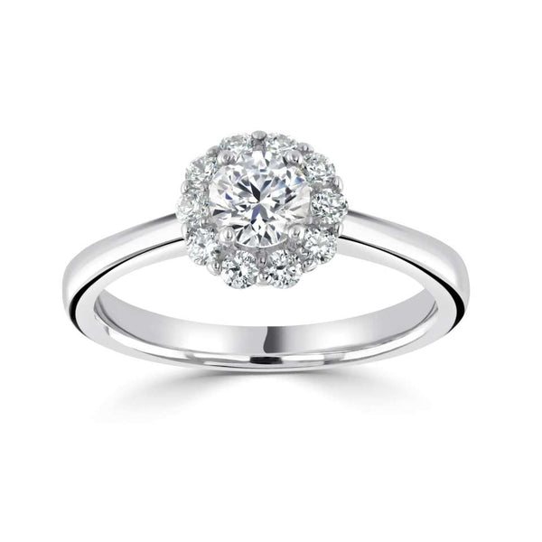platinum 0.57ct round brilliant cut diamond engagement ring with diamond halo top view