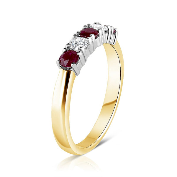 18ct yellow and white gold 0.22ct ruby and 0.14ct diamond round brilliant cut five stone ring