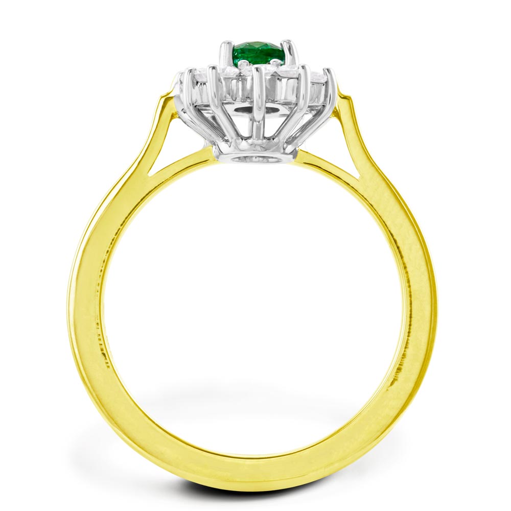 18ct Yellow And White Gold 0.35ct Oval Cut Emerald And 0.35ct Round Brilliant Cut Diamond Halo Cluster Ring