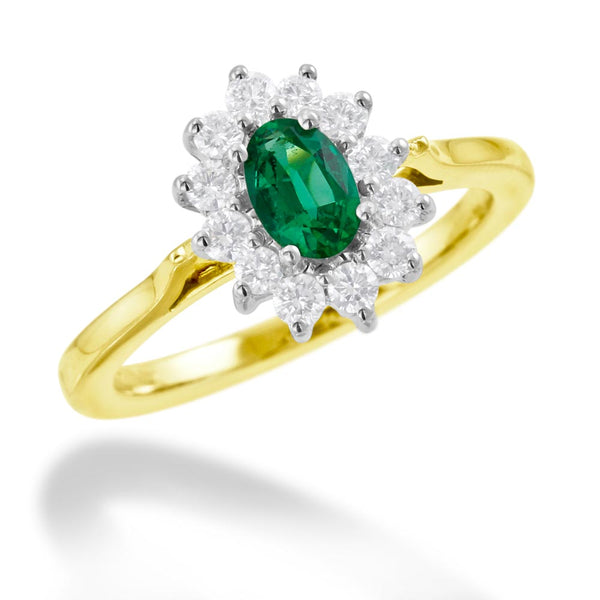 18ct Yellow And White Gold 0.35ct Oval Cut Emerald And 0.35ct Round Brilliant Cut Diamond Halo Cluster Ring