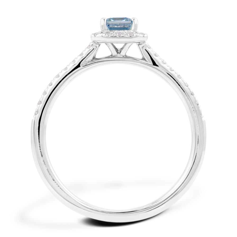 18ct White Gold 0.38ct Emerald Cut Aquamarine And 0.18ct Diamond Halo And Shoulders Ring