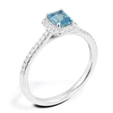 18ct White Gold 0.38ct Emerald Cut Aquamarine And 0.18ct Diamond Halo And Shoulders Ring