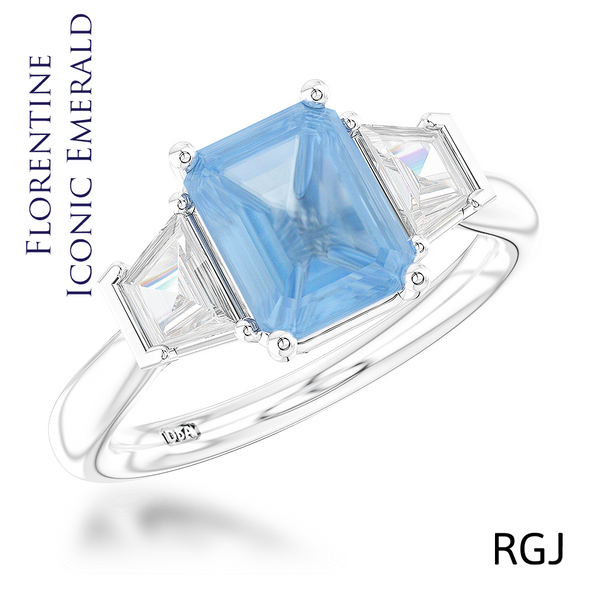 the florentine iconic 1.00ct emerald cut aquamarine and 0.68ct diamond three stone ring with diamond detailing