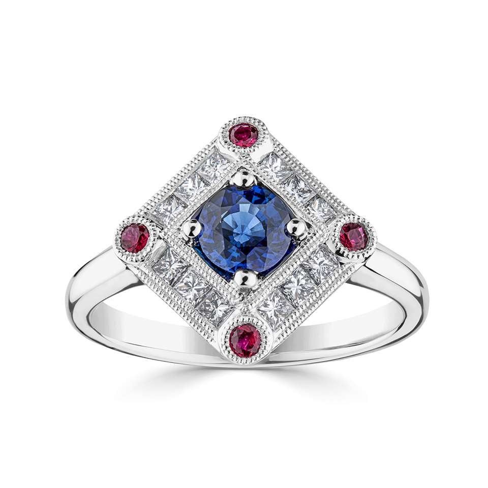 Platinum 0.62ct Blue Sapphire, 0.12ct Ruby And 0.34ct Diamond Vintage Inspired Ring