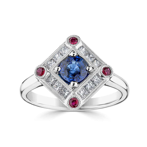 platinum 0.62ct blue sapphire, 0.12ct ruby and 0.34ct diamond vintage inspired ring top view
