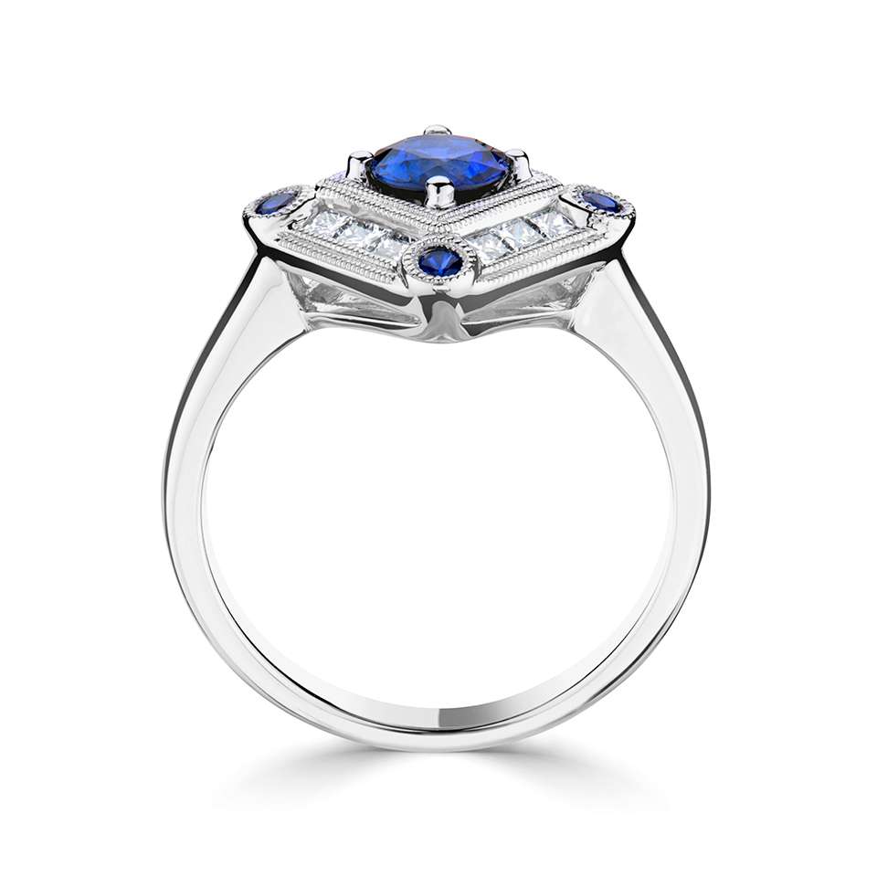 platinum 0.74ct blue sapphire and 0.34ct diamond vintage inspired ring side setting view
