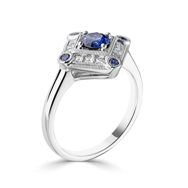 platinum 0.74ct blue sapphire and 0.34ct diamond vintage inspired ring