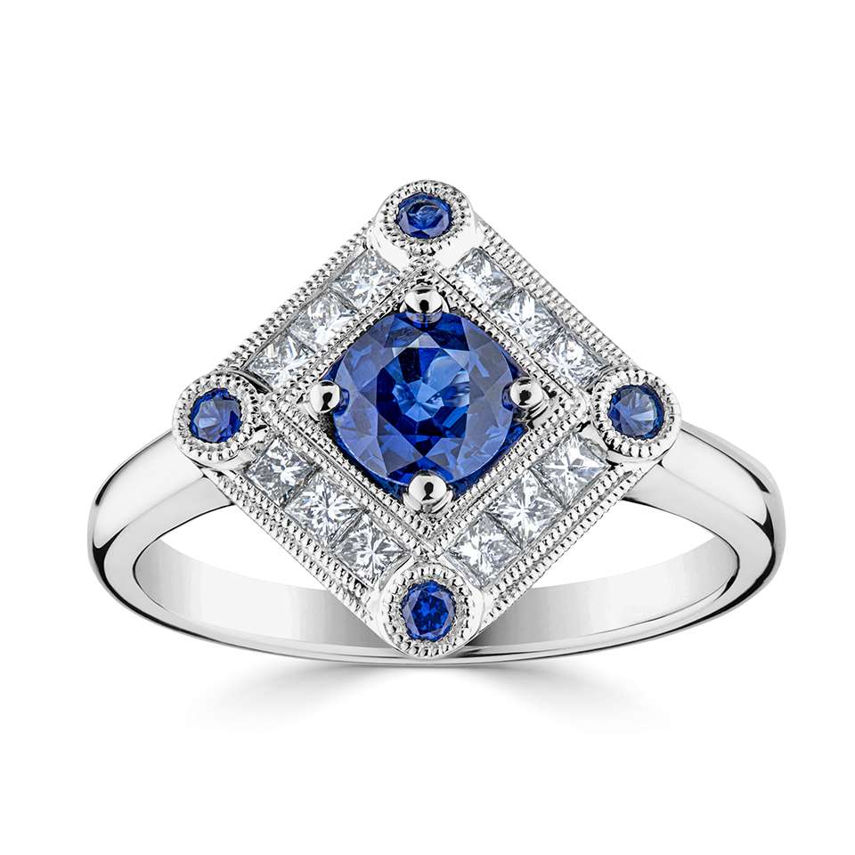 Platinum 0.74ct Blue Sapphire And 0.34ct Diamond Vintage Inspired Ring