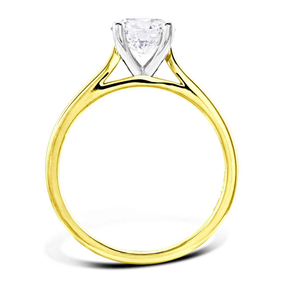 the round brilliant cut four claw 18ct yellow gold and platinum lab grown diamond solitaire engagement ring setting view