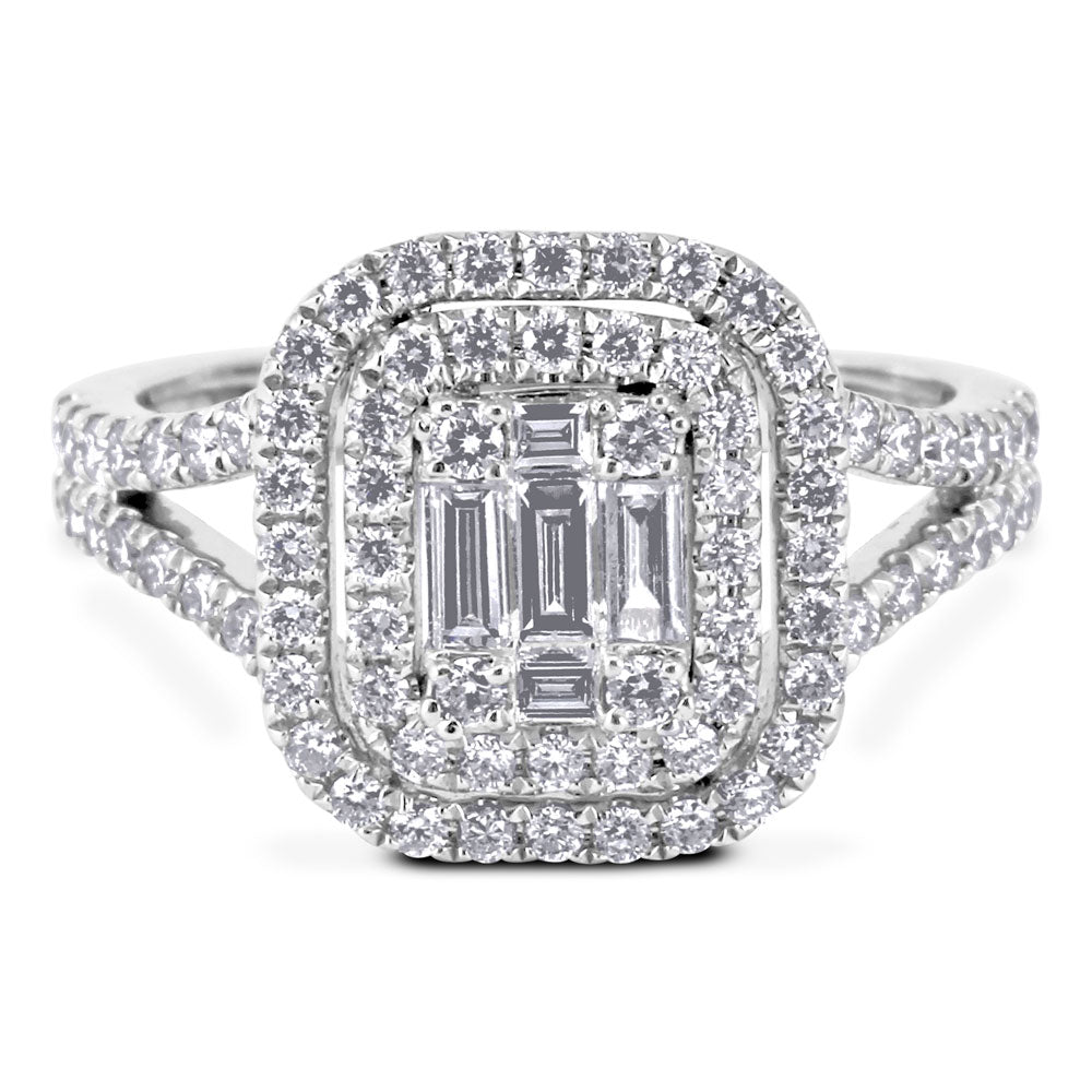 18ct White Gold 0.82ct Baguette Double Halo Diamond Ring