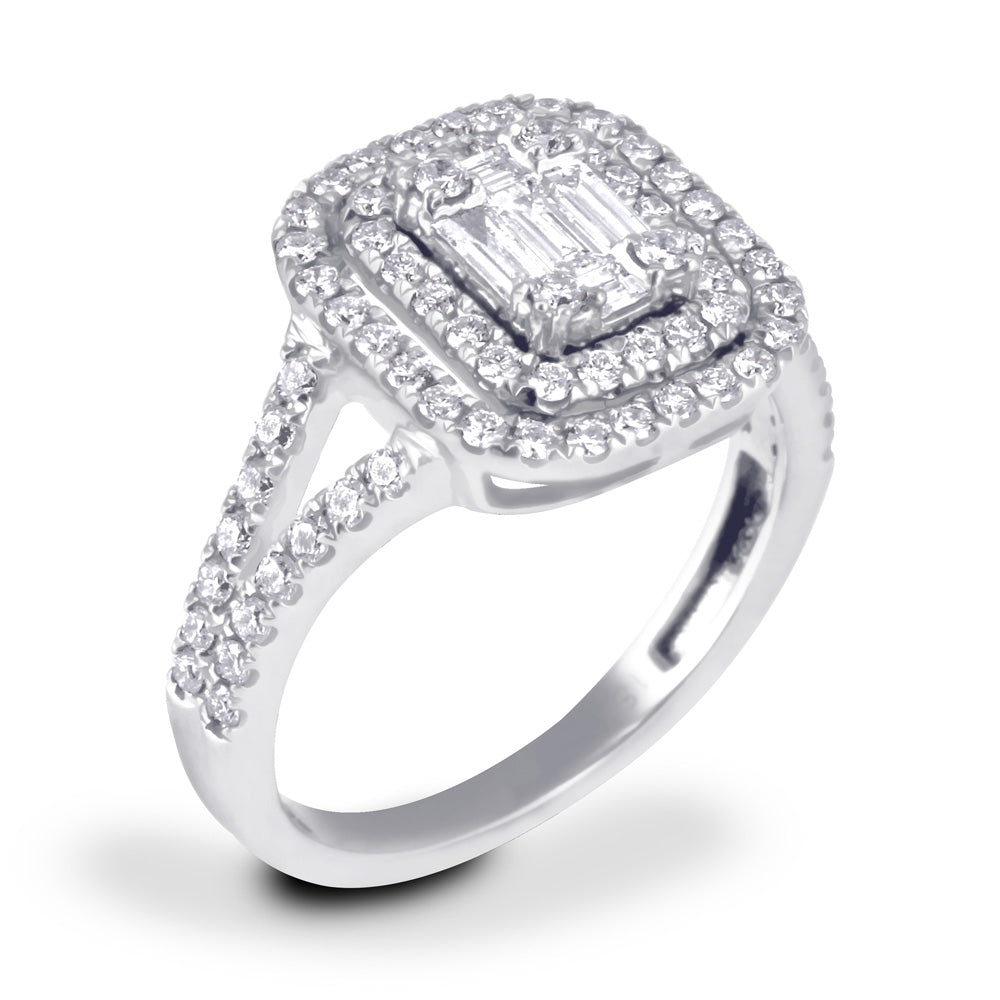 18ct White Gold 0.82ct Baguette Double Halo Diamond Dress Ring Side Closeup