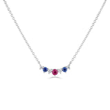 18ct white gold 0.15ct ruby, 0.12ct blue sapphire and 0.18ct diamond necklace