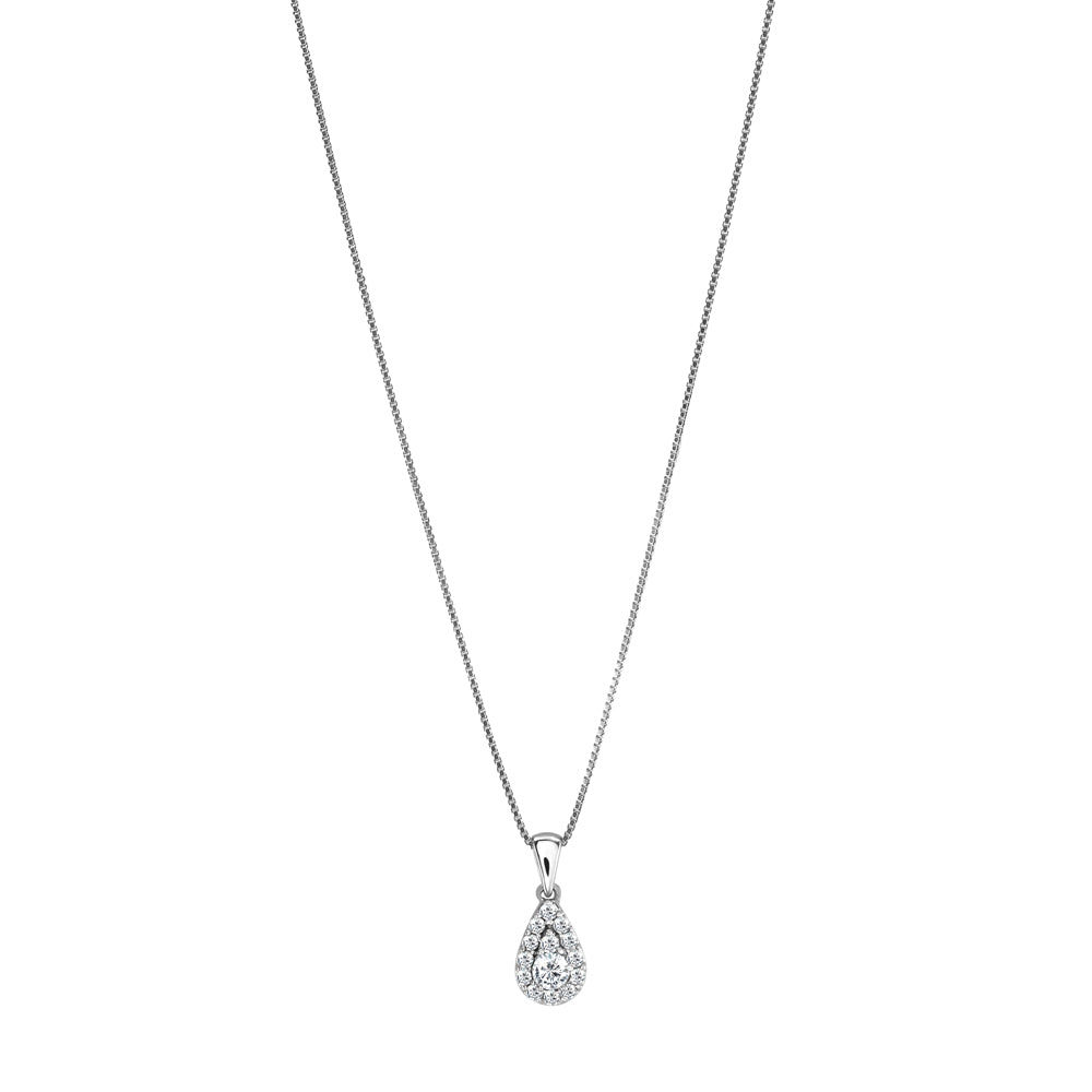 18ct White Gold 0.25ct Teardrop Halo Diamond Necklace With Bail