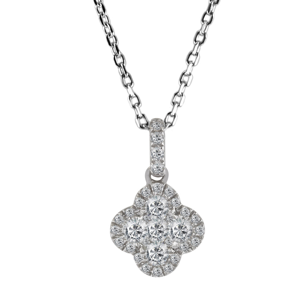 18ct White Gold 0.30ct Diamond Fancy Cluster Pendant with Chain Closeup