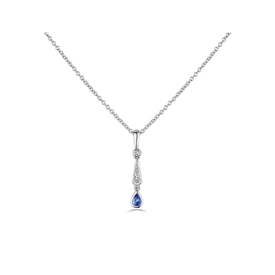 18ct white gold 0.18ct blue sapphire and 0.10ct diamond drop necklace