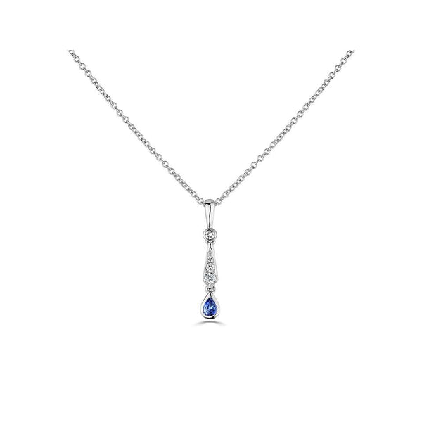 18ct white gold 0.18ct blue sapphire and 0.10ct diamond drop necklace