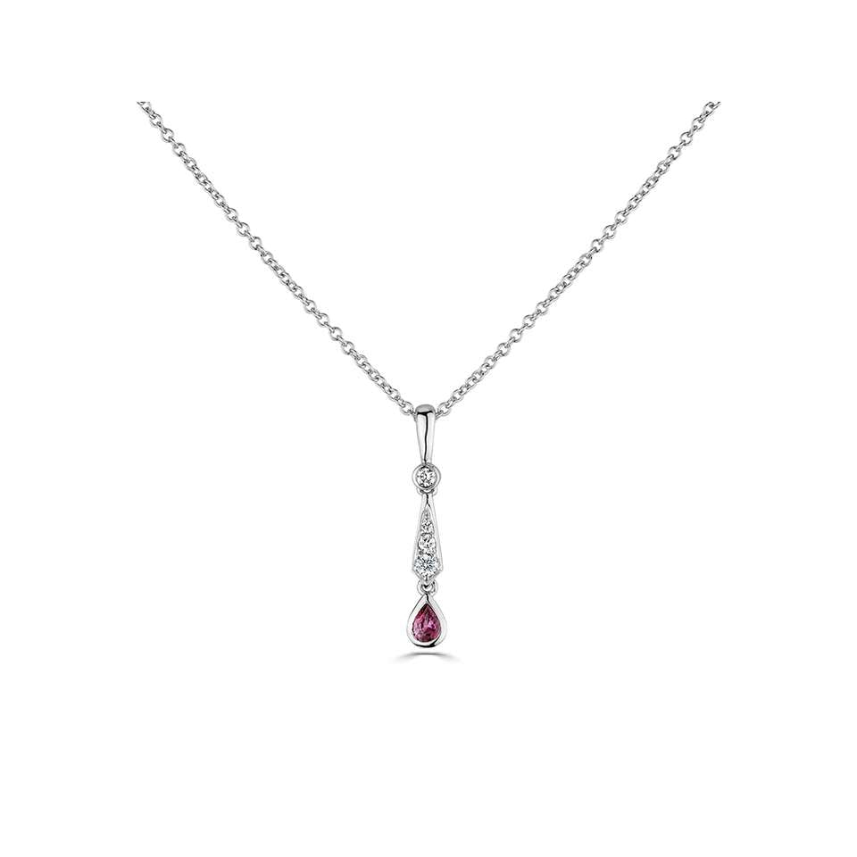 18ct White Gold 0.18ct Ruby And 0.10ct Diamond Drop Necklace