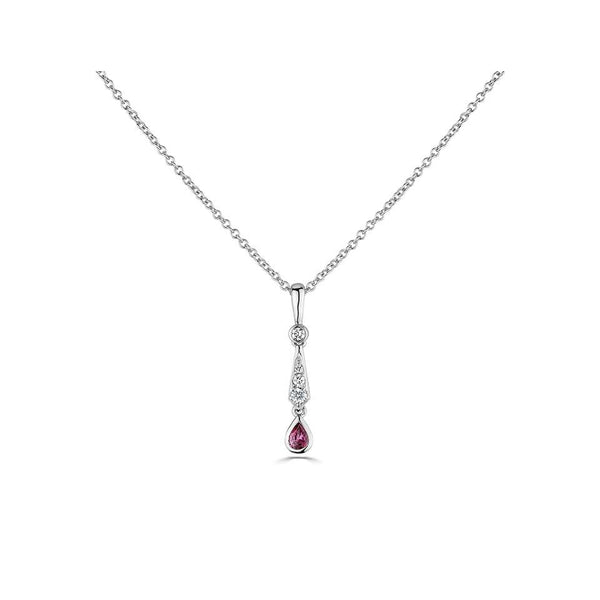18ct white gold 0.18ct ruby and 0.10ct diamond drop necklace