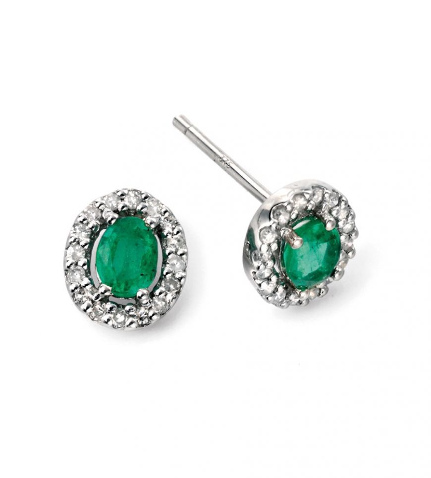 9ct White Gold Emerald And Diamond Halo Stud Earrings GE943G