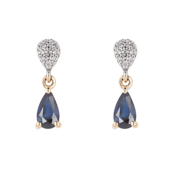 9ct yellow gold blue sapphire and diamond teardrop drop earrings