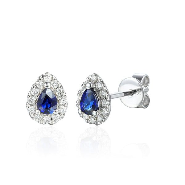 18ct white gold 0.37ct pear cut blue sapphire and 0.16ct diamond halo stud earrings