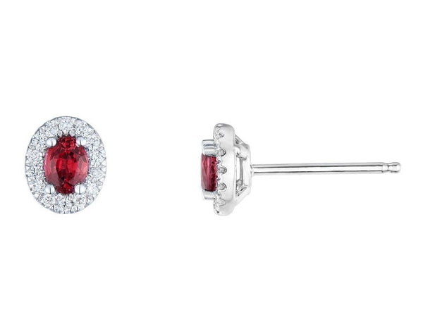 18ct white gold 0.50ct oval cut ruby and 0.11ct diamond halo stud earrings