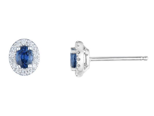 18ct white gold 0.50ct oval cut blue sapphire and 0.11ct diamond halo stud earrings