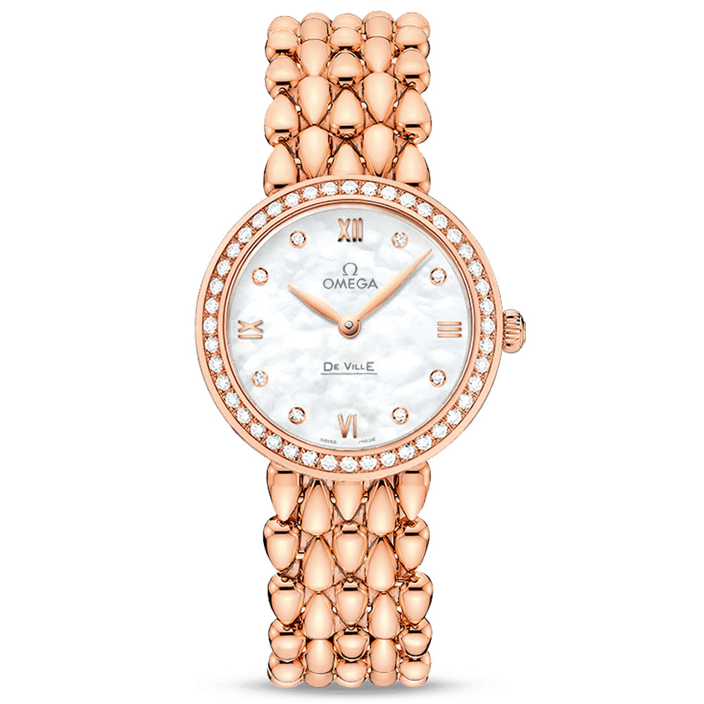 omega de ville prestige 27.4mm mother of pearl dial 18ct rose gold ladies quartz watch front facing upright image