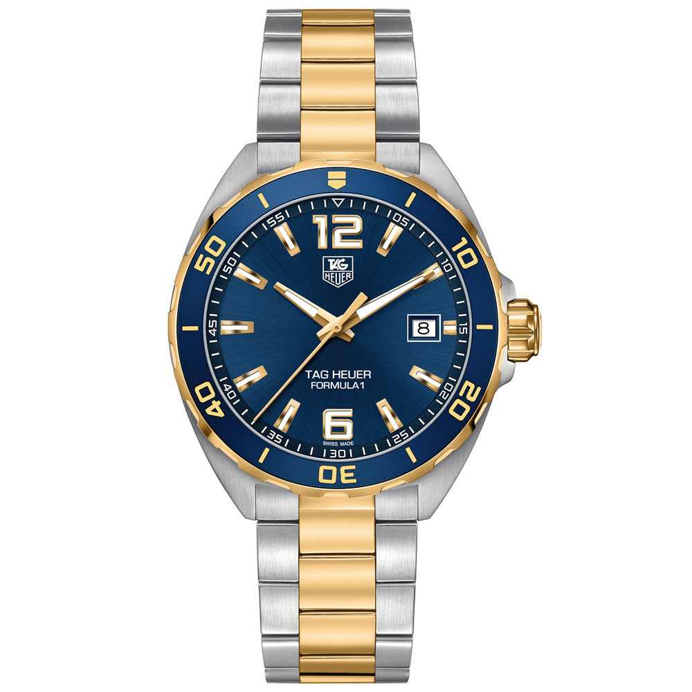 tag heuer formula 1 41mm blue dial gold plated steel quartz gents watch front facing upright image