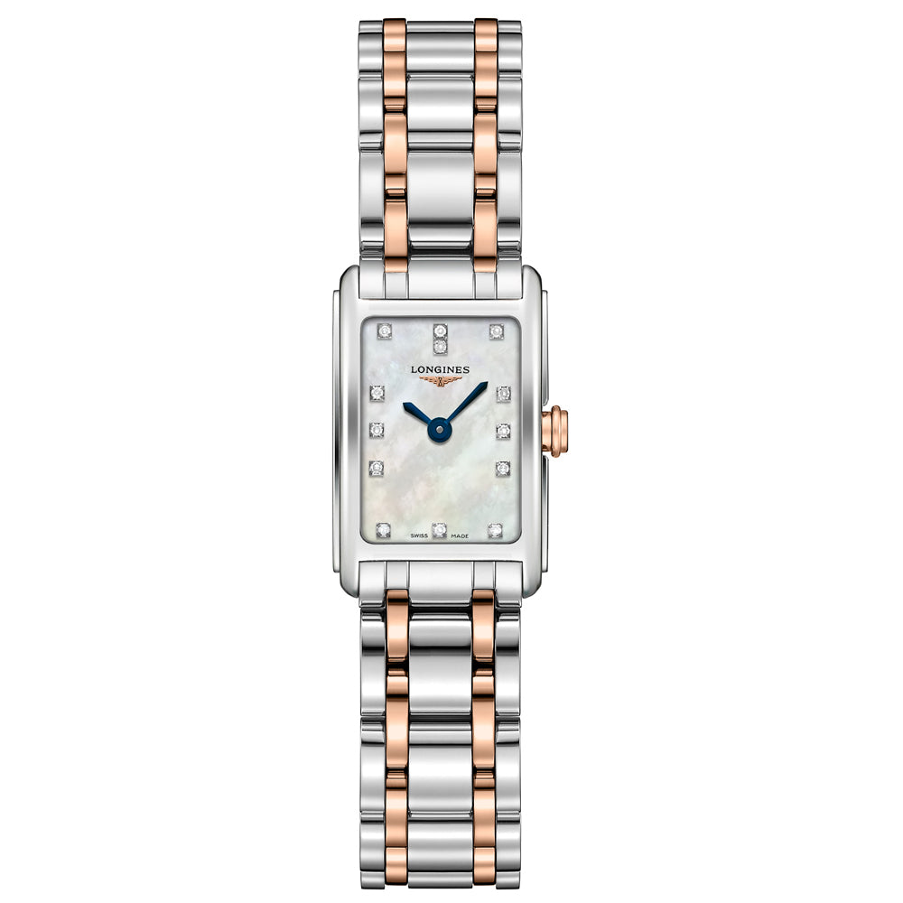 longines dolcevita mother of pearl diamond dot dial 18ct rose gold capped steel two tone watch front facing upright image